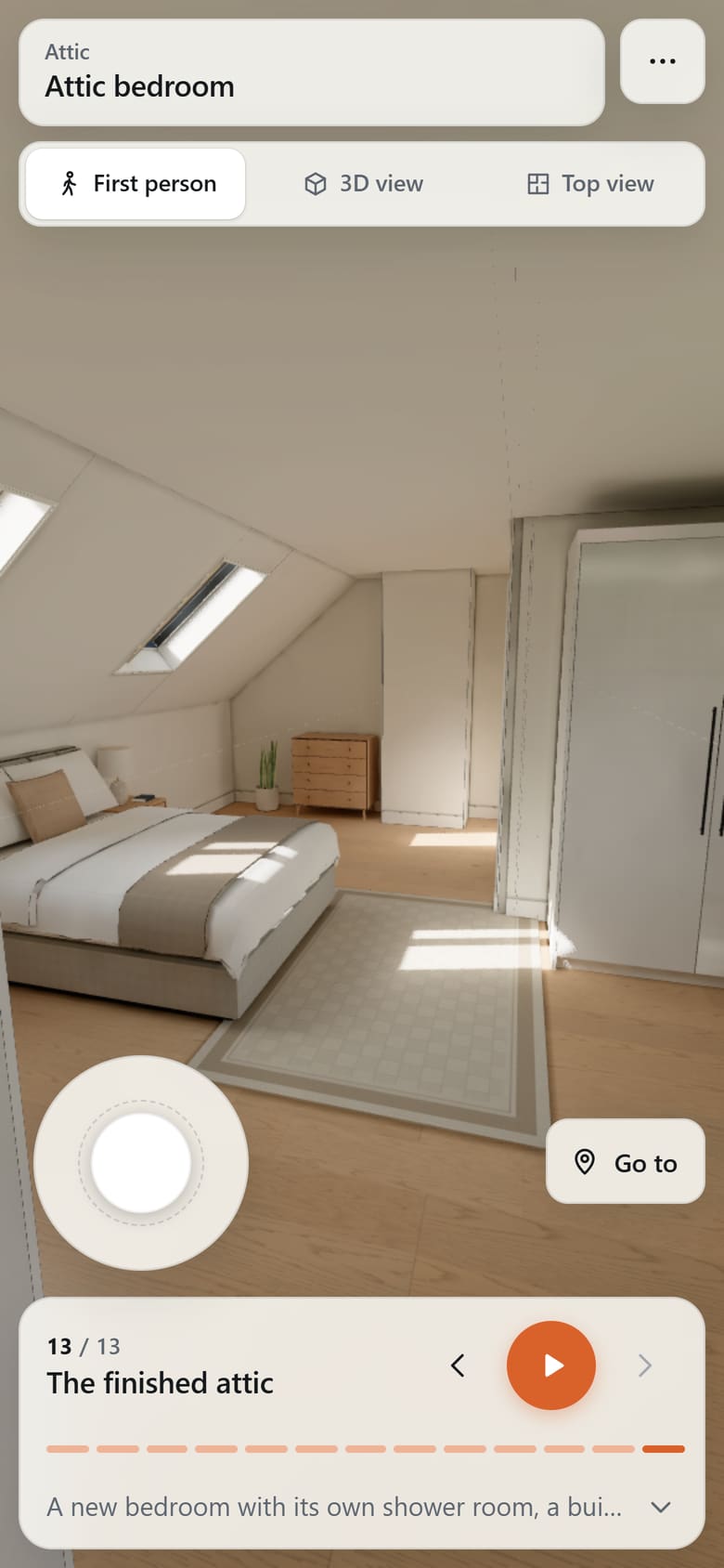 The attic conversion sample on a phone, in First person in the attic bedroom, with the model’s buttons: First person, 3D view and Top view at the top, the joystick and Go to at the bottom, and the stages under them.